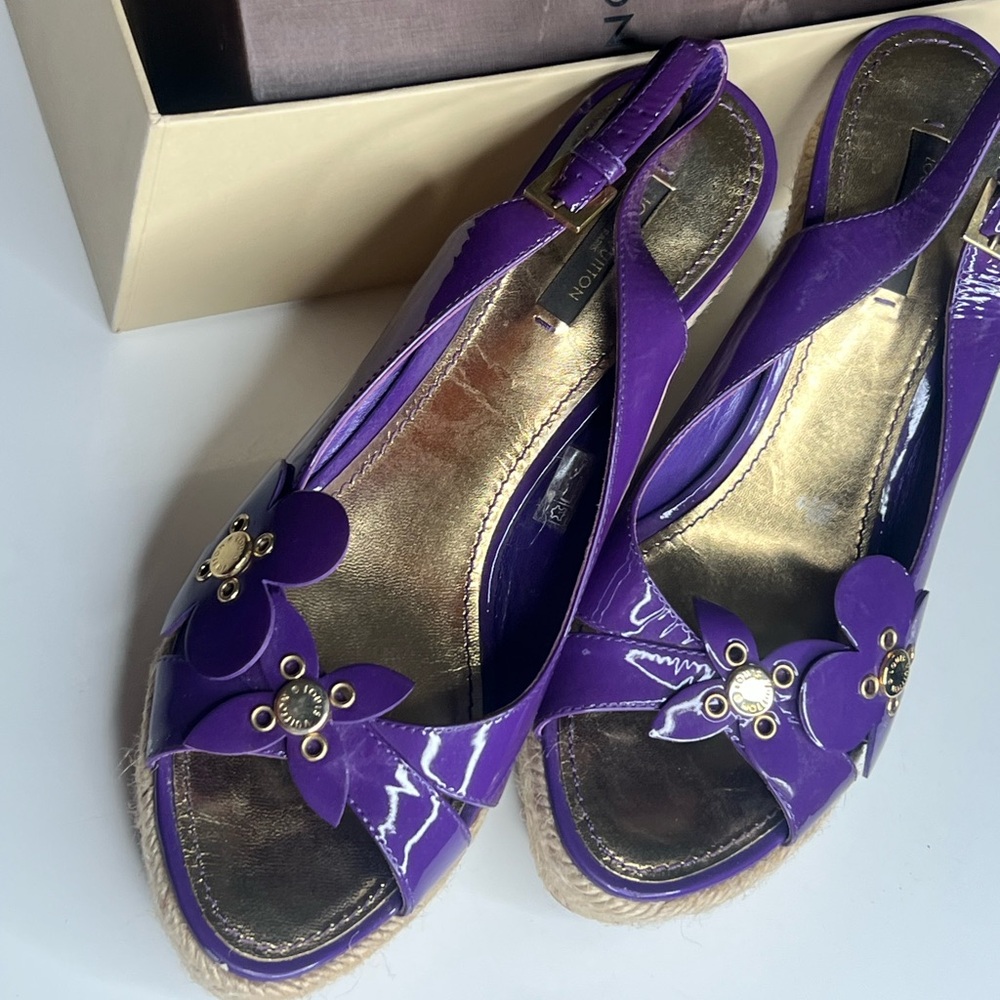 LOUIS VUITTON Patent Leather Floral Embellished Espadrille Purple Wedges SZ 7.5